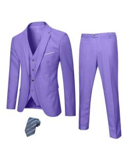 Hihawk Herren 3 Stück Anzug mit Stretch Stoff Solide Slim Fit Ein-Knopf Anzug Blazer Set Jacke Weste Hose mit Krawatte, Violett, XS von Hihawk