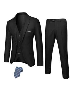 Hihawk Herren 3-teiliger Anzug mit Stretch Stoff Solid Slim Fit Ein-Knopf Anzug Blazer Set Jacke Weste Hose mit Krawatte, Schwarz, XX-Large von Hihawk