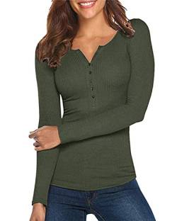 Damen Shirt Langarm V-Ausschnitt Basic Oberteile Button Casual Pullover Einfarbig Langarmshirt(Armeegrün,X-Large) von Hiistandd