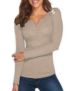 Damen Shirt Langarm V-Ausschnitt Basic Oberteile Button Casual Pullover Einfarbig Langarmshirt(Grau,X-Small) von Hiistandd