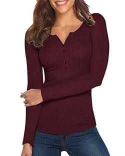 Damen Shirt Langarm V-Ausschnitt Basic Oberteile Button Casual Pullover Einfarbig Langarmshirt(Rotwein,Large) von Hiistandd