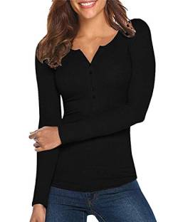 Damen Shirt Langarm V-Ausschnitt Basic Oberteile Button Casual Pullover Einfarbig Langarmshirt(Schwarz,Medium) von Hiistandd