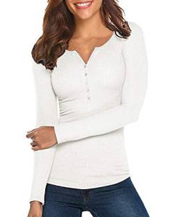 Damen Shirt Langarm V-Ausschnitt Basic Oberteile Button Casual Pullover Einfarbig Langarmshirt(Weiß,Large) von Hiistandd