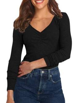 Damen Shirt Langarm V-Ausschnitt Basic Oberteile Button Casual Pullover Einfarbig Langarmshirt(ZZ-Schwarz,X-Small) von Hiistandd