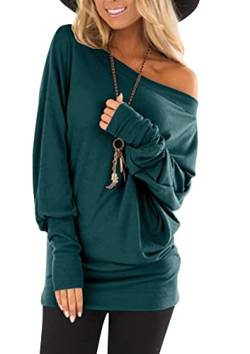 Hiistandd Damen Langarm T Shirt Damen Langarm Top Damen Langarmshirt Eine Schulter Rundhals Tops Casual Sexy Einfarbig Basic T Shirt Tops (Dark Green, Small) von Hiistandd