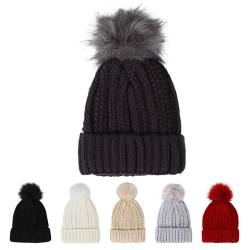 Beanie Mütze für Männer Frauen Weiche Wintermütze mit Kunstpelz Pompon Warme Strickmützen Mütze Unisex Klassischer Cuffed Plain Hut für Jungen Mädchen Herbst Winter (Dunkelgrau) von Hileyu