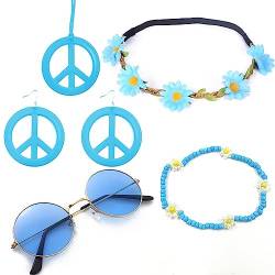 Hippie Kostüm Set Retro Hippie Accessoires Vintage Ankleidezubehör 60er 70er Jahre Kostüm Zubehö Hippie Partyzubehör Inklusive Vintage Brille Stirnband Halskette Ohrringe für Frauen (Hellblau) von Hileyu