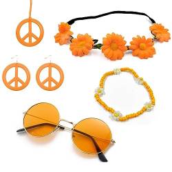 Hippie Kostüm Set Retro Hippie Accessoires Vintage Ankleidezubehör 60er 70er Jahre Kostüm Zubehö Hippie Partyzubehör Inklusive Vintage Brille Stirnband Halskette Ohrringe für Frauen (Orange) von Hileyu