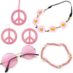 Hippie Kostüm Set Retro Hippie Accessoires Vintage Ankleidezubehör 60er 70er Jahre Kostüm Zubehö Hippie Partyzubehör Inklusive Vintage Brille Stirnband Halskette Ohrringe für Frauen (Rosa) von Hileyu