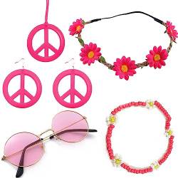 Hippie Kostüm Set Retro Hippie Accessoires Vintage Ankleidezubehör 60er 70er Jahre Kostüm Zubehö Hippie Partyzubehör Inklusive Vintage Brille Stirnband Halskette Ohrringe für Frauen (Rosenrot) von Hileyu