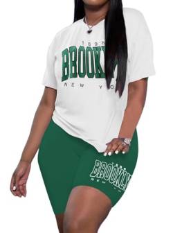 Hilinker Damen Brief Print 2-teiliges Sport-Outfit Kurzarm Top und Shorts Trainingsanzug, Weiß / Grün Brooklyn, XL von Hilinker