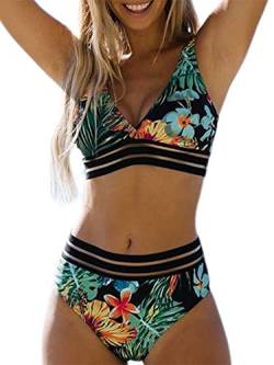 Hilinker Damen Leopard Bikini Badeanzüge V Ausschnitt Hohe Taille 2 Stück Badeanzüge, A Green, Small von Hilinker