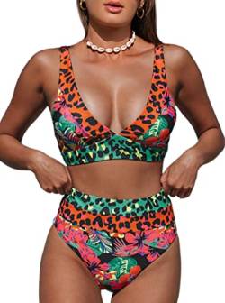 Hilinker Damen Leopard Bikini Badeanzüge V Ausschnitt Hohe Taille 2 Stück Badeanzüge, korallenrot, Large von Hilinker