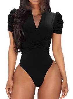 Hilinker Sexy Damen-Body mit V-Ausschnitt, gerüscht, kurze Puffärmel, Bodysuit, Schwarz, S von Hilinker