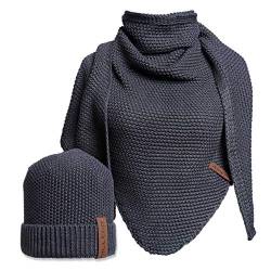 Hilltop 2-teiliges Unisex Winterset, Damen Mütze und Schal, Herren Mütze mit Strickschal, XXL Dreiecksschal mit Strickmütze, Geschenk für Frauen und Männer, Farbe:Dark Grey von Hilltop