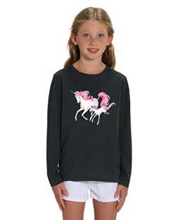 Hilltop Hochwertiges Kinder Mädchen Langarm T-Shirt aus 100% Bio Baumwolle mit wunderschönem Einhorn Motiv, Premium Kinder Tshirt für Freizeit und Sport, Size:134/146, Color:Black von Hilltop