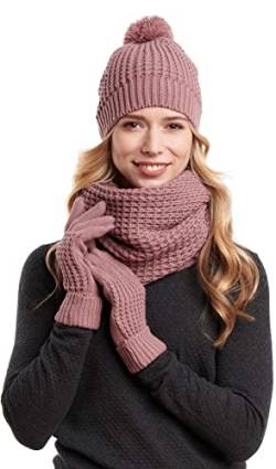 Hilltop Winter Kombi Set aus Loop-Schal, passender Strickmütze und Handschuhe, 3-teilig, Geschenk für Frauen, Farbe:Old Rose von Hilltop