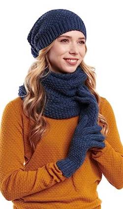 Hilltop Winter Kombi Set aus Winter Schal, passender Strickmütze und Handschuhe, 3-tlg., Farbe:Blau mit Handschuhen von Hilltop