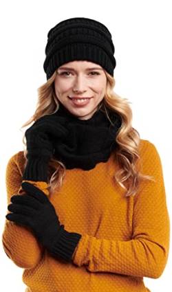 Hilltop Winter Set aus Loop-Schal, Strickmütze und Handschuhe, Beanie mit Öffnung für den Zopf, Kombiset für Damen, 3 Teilig, in verschiedenen Farben, Winter Set:Schwarz von Hilltop