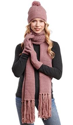 Hilltop Winterset 3-Teilig aus Strickschal, Strickmütze und Handschuhen, XXL-Schal mit Fransen, Winter-Schal, Damen Schal mit passender Mütze, Bommelmütze, Old Rose von Hilltop