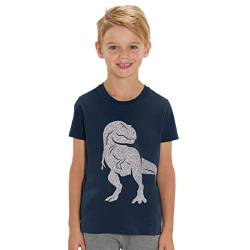 Kinder T-Shirt aus Biobaumwolle mit Dinosaurier Glitzer Motiv, Size:110/116, Dino:Navy-Dino Silver von Hilltop