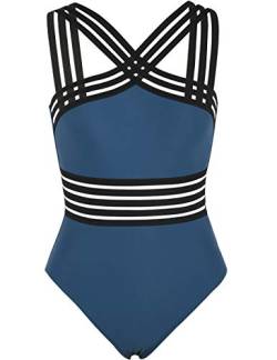 Hilor Damen Einteiler Badeanzug vorne gekreuzt, Badeanzüge Hohlbadeanzüge Monokinis - Blau - Large/40-42 von Hilor