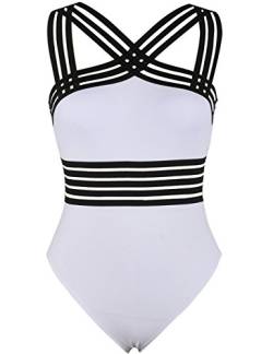 Hilor Damen Einteiler Badeanzug vorne gekreuzt, Badeanzüge Hohlbadeanzüge Monokinis - Weiß - Large/40-42 von Hilor