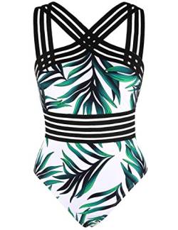 Hilor Women's One Piece Swimwear Front Crossover Swimsuits Hollow Bathing Suits Monokinis White&Green Leaves M/US8-10 von Hilor