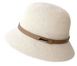 Damen Sonnenhut 1920er Jahre Cloche Hut mit Schleife Sommer Bucket Hat Bowler Sonnenhut für Damen, Beige mit Gürtel, M von HilyBony