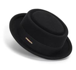 Herren Flat Top Porkpie Hut Gebläse Hüte – schwarze Wollmütze mit Band (S-M), Schwarz mit Band, 56 von HilyBony