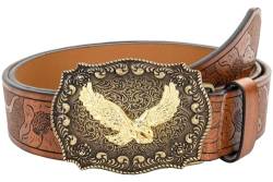 HilyBony Western-PU-Leder-Gürtel für Männer und Frauen, Cowboy-Cowgirl-Longhorn-Bull-Muster, gravierte Schnalle, Gürtel für Unisex, Adler, for 27-32" waist von HilyBony