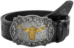 HilyBony Western-PU-Leder-Gürtel für Männer und Frauen, Cowboy-Cowgirl-Longhorn-Bull-Muster, gravierte Schnalle, Gürtel für Unisex, Schwarz , 120cm suitable waisted 35"-43" von HilyBony