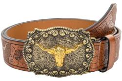 HilyBony Western-PU-Leder-Gürtel für Männer und Frauen, Cowboy-Cowgirl-Longhorn-Bull-Muster, gravierte Schnalle, Gürtel für Unisex, braun, 110cm suitable waisted 30"-39" von HilyBony