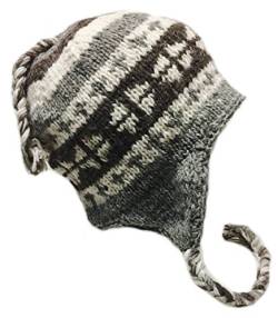 Handgestrickte Sherpa-Mütze mit Ohrenklappen, Trapper-Ski-Mütze aus schwerer Wolle mit Fleece gefüttert (grau/braun) von Himalayan Sherpa Hats