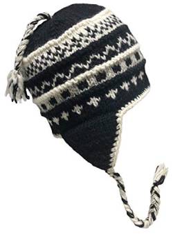 Nepal Handgestrickte Sherpa-Mütze mit Ohrenklappen, Trapper-Ski-Mütze aus schwerer Wolle mit Fleece gefüttert (weiß & schwarz) von Himalayan Sherpa Hats