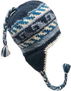 Nepal Handgestrickte Sherpa-Mütze mit Ohrenklappen, Trapper Ski Wolle Fleece gefüttert (Blue Waves) von Himalayan Sherpa Hats