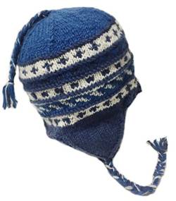 Nepal Handgestrickte Sherpa Mütze mit Ohrenklappen, Trapper Ski schwere Wolle Fleece gefütterte Cap (Weiß/Blau) von Himalayan Sherpa Hats
