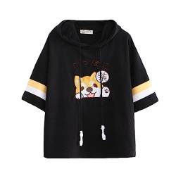 Damen Kawaii T-Shirts Cute Puppy Embroidered Jumper Hooded Pullover Top Tees Kurzarm T-Shirt Bluse, Schwarz , One size von Himifashion