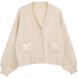 Damen Strickjacke Japanischer Stil Schleife Strickpullover Mädchen JK Pullover Langarm Pullover V Ausschnitt Kurz Cardigan Tops, beige, L von Himifashion