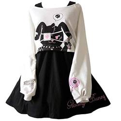 Frauen Mädchen Kleider Kawaii Kaninchen Druck 2 Stücke Japanische Verkleidung Schwarz Weiß Baumwolle, Schwarz , 40 von Himifashion