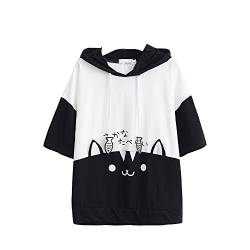 Himifashion Damen T-Shirt mit Kapuze, Katzen- und Fischmotiv, Baumwolle, kurze, L, Schwarz von Himifashion