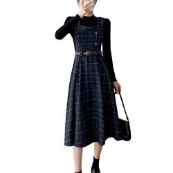 Himifashion Damen Vintage Kleid Japanisches Plaid Kleid Damen Herbst Winter Wollband Midi Kleid, marineblau, Medium von Himifashion