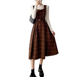 Himifashion Damen Vintage Kleid Japanisches Plaid Kleid Damen Herbst Winter Wolle Träger Midi Kleid, braun, L von Himifashion