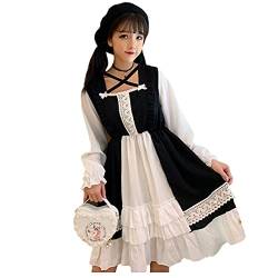 Himifashion Lolita Langarm Kleid für Mädchen Japanischer Stil Niedlich Rüschen Prinzessinnen Kleider Frauen Elastische Taille Freizeitkleid, Schwarz, Einheitsgröße von Himifashion