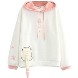 Himifashion Mädchen Kawaii Hoodie Cute Cat Print Pullover Sweatshirt Teens Japanese Style Loose Casual Hooded Tops, weiß, 38, HM-576 von Himifashion