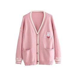 Himifashion Niedliche Strickjacke für Teenager, Mädchen, Kawaii-Hasen-Stickerei, langärmelig, Pullover mit Taschen, V-Ausschnitt, Strickwaren, rose, One size von Himifashion