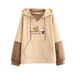 Kawaii Hoodie Sweatshirt Teen Girls Cute Bear Milk Tea Patch Stickerei Pullover Hooded Tops Fake Zweiteilige Plus Samt Lose Hoodies Gr. One size, khaki von Himifashion