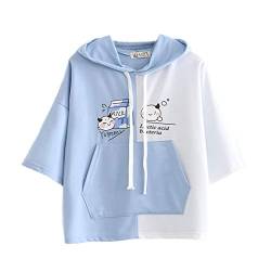 Kawaii Sommer-T-Shirts für Teenager und Mädchen, japanischer Stil, niedlicher Karton-Druck, kurzärmelig, Farbblock-Kapuzenoberteil, lässiger Pullover Gr. One size, blau von Himifashion