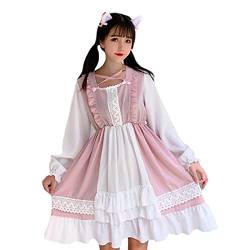 Lolita Langarm Kleid für Mädchen Japanischer Stil Niedlich Rüschen Prinzessinnen Kleider Frauen Elastische Taille Freizeitkleid, rose, Einheitsgröße von Himifashion