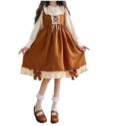 Mädchen Lolita Langarm Kleid Japanischer Stil Schleife Spitze A-Linie mit Reißverschluss Freizeitkleider, braun, Small von Himifashion